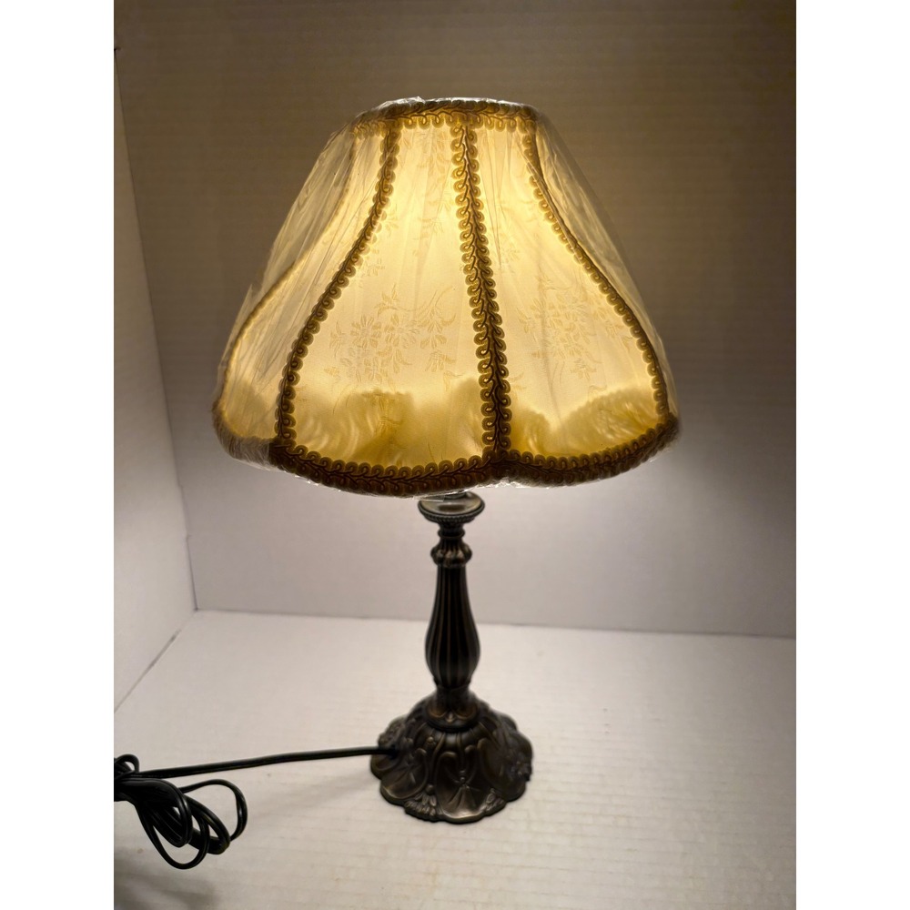 Vintage Style Bronze Metal Accent Lamp Floral Embroidered Cream Bell Shade 15in